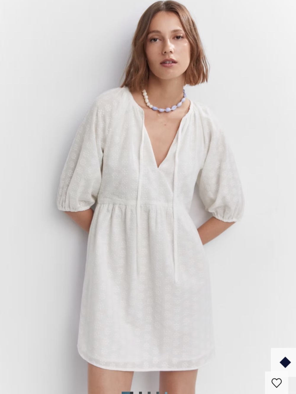 Mango White Short Dress with Puff Sleeves